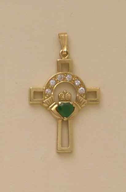 GPC 25x20mm CZ/GRN AGATE CLADDAGH CROSS