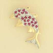 9ct RUBY/DIA DOUBLE DOLPHIN BROOCH