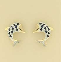 9ct 6pt DIAMOND/SAPH.SET DOLPHIN STUDS