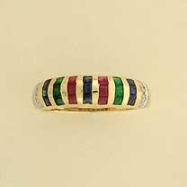 9ct RUBY/SAPH/EM/DIA SET DOMED BAND