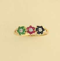 9ct 15pt DIA/RUBY/EM/SAPH FLOWER RING  =