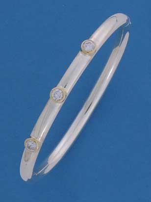SIL/9ct 5mm HINGED BANGLE WITH ROUND CZS