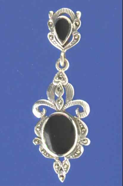 SPC ONYX/MARCASITE FANCY DROP EARRINGS =