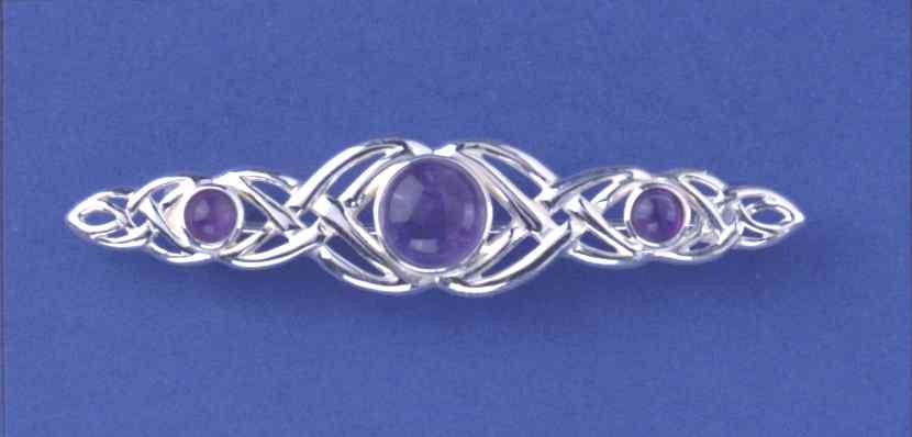 SPC 3 ROUND AMETHYST CELTIC BAR BROOCH =