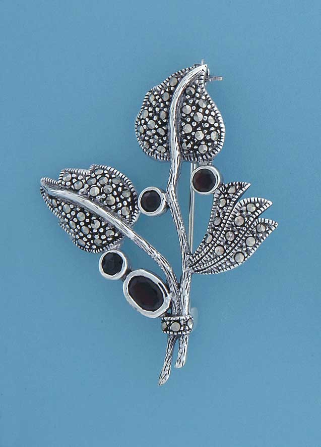 SPC 4 GARNETS/MARCASITE LEAVES BROOCH  =