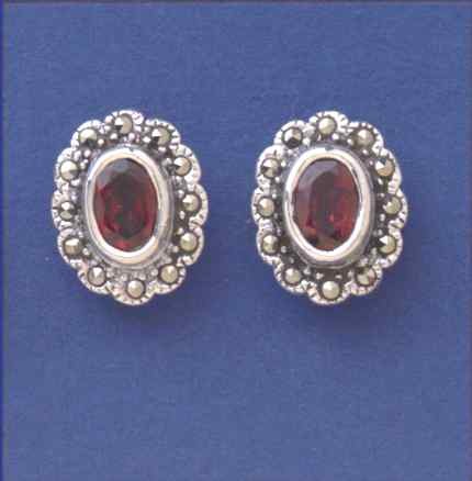 SPC 6x4mm GARNET MARCASITE FLOWER STUDS=