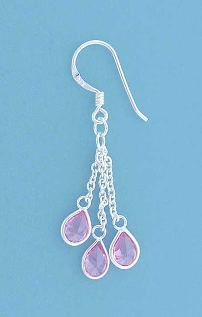 SPC 3 TEARDROP PINK STONE CHAIN EARRINGS