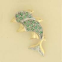 9ct EMERALD/DIA DOUBLE DOLPHIN BROOCH