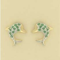 9ct 6pt DIAMOND/EM.SET DOLPHIN STUDS